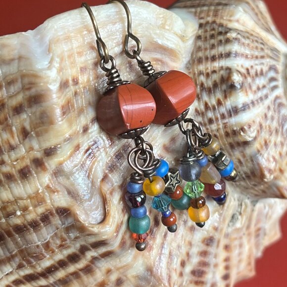Red Jasper and Multicolor Boho Earrings, Colorful Beads Dangles, Wire Wrapped Ge - Picture 7 of 8